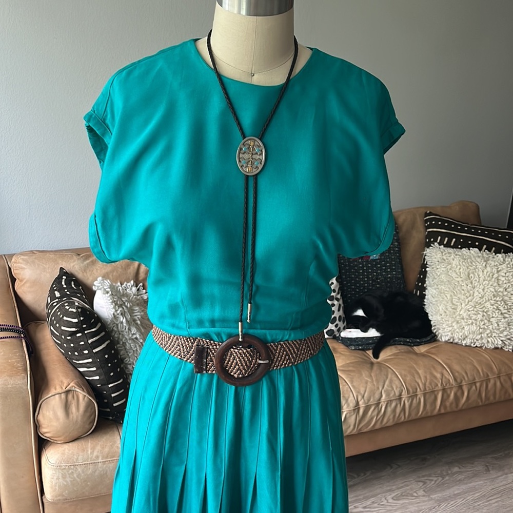 Vintage 90s teal dress with blouse bodice and pleated skirt, size small.